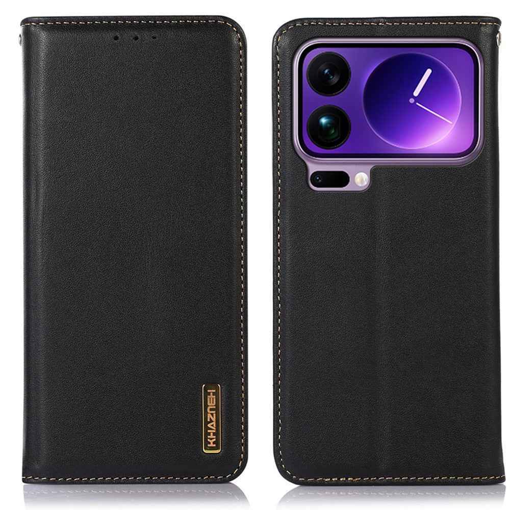KHAZNEH For Xiaomi 17 Pro Case Wallet Genuine Cow Leather Phone Cover Nappa Texture - Black