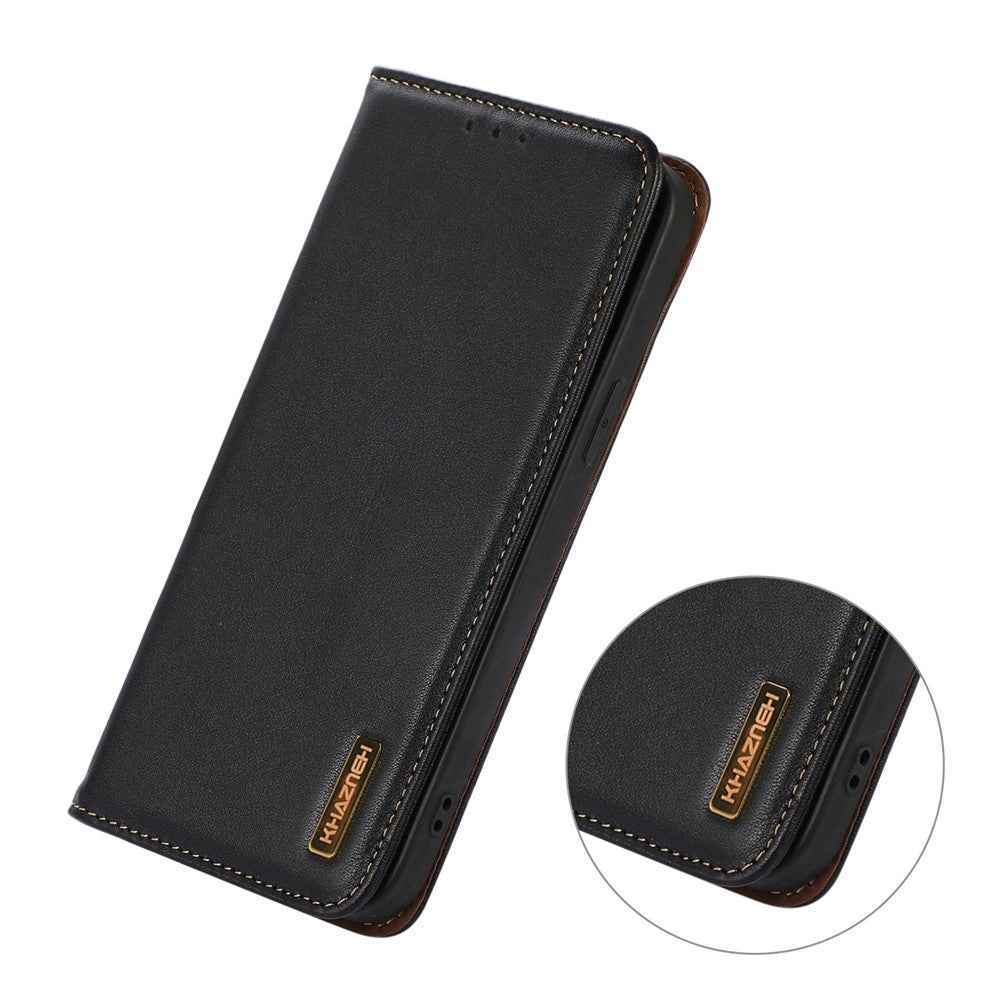 KHAZNEH For Xiaomi 17 Pro Case Wallet Genuine Cow Leather Phone Cover Nappa Texture - Black