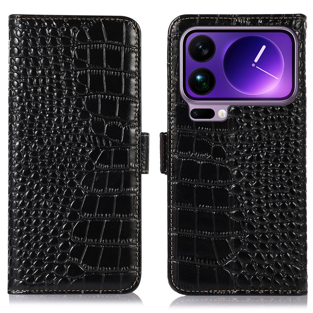 For Xiaomi 17 Pro Max Case RFID Blocking Wallet Crocodile Texture Genuine Cow Leather Phone Cover - Black