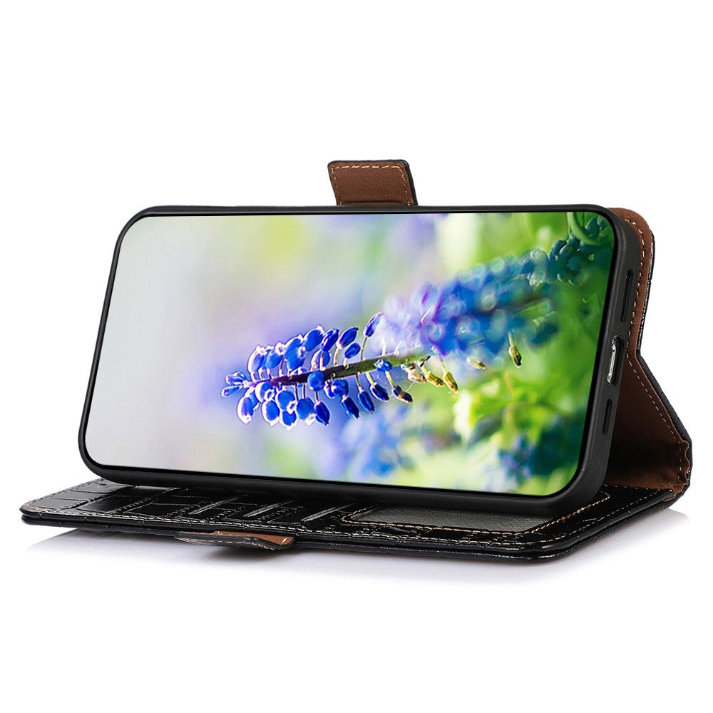 For Xiaomi 17 Pro Max Case RFID Blocking Wallet Crocodile Texture Genuine Cow Leather Phone Cover - Black