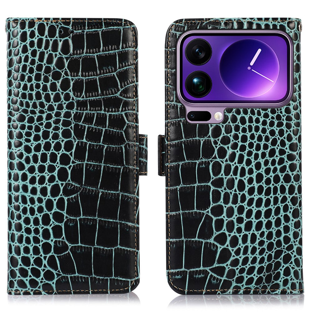 For Xiaomi 17 Pro Max Case RFID Blocking Wallet Crocodile Texture Genuine Cow Leather Phone Cover - Green