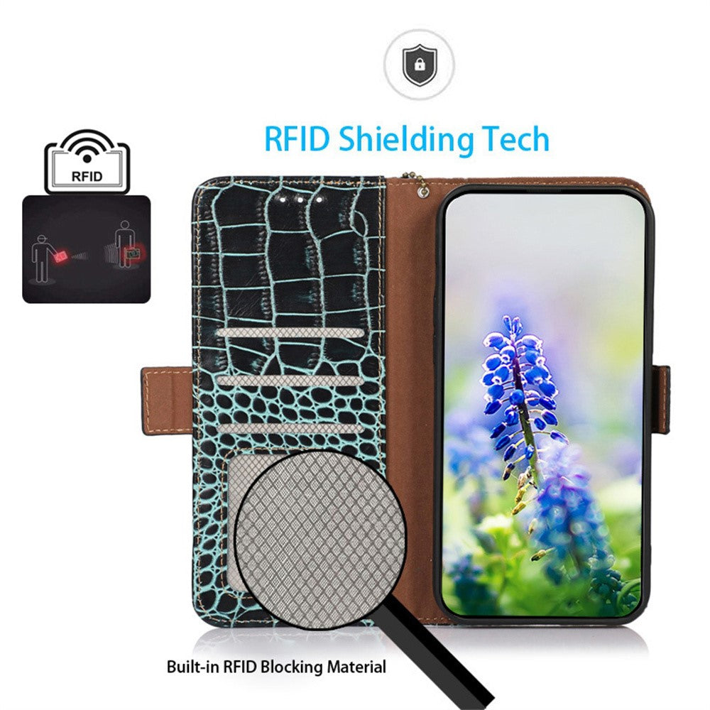 For Xiaomi 17 Pro Max Case RFID Blocking Wallet Crocodile Texture Genuine Cow Leather Phone Cover - Green
