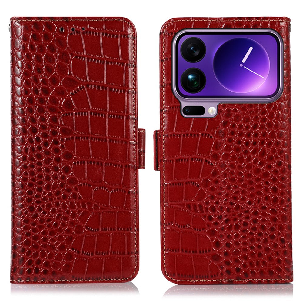 For Xiaomi 17 Pro Max Case RFID Blocking Wallet Crocodile Texture Genuine Cow Leather Phone Cover - Red