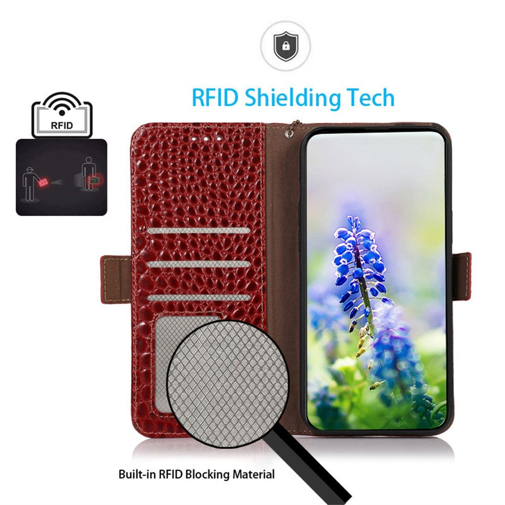 For Xiaomi 17 Pro Max Case RFID Blocking Wallet Crocodile Texture Genuine Cow Leather Phone Cover - Red