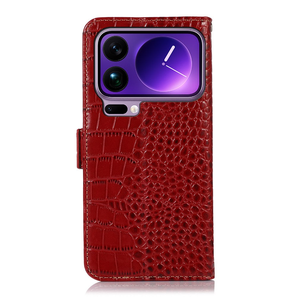 For Xiaomi 17 Pro Max Case RFID Blocking Wallet Crocodile Texture Genuine Cow Leather Phone Cover - Red