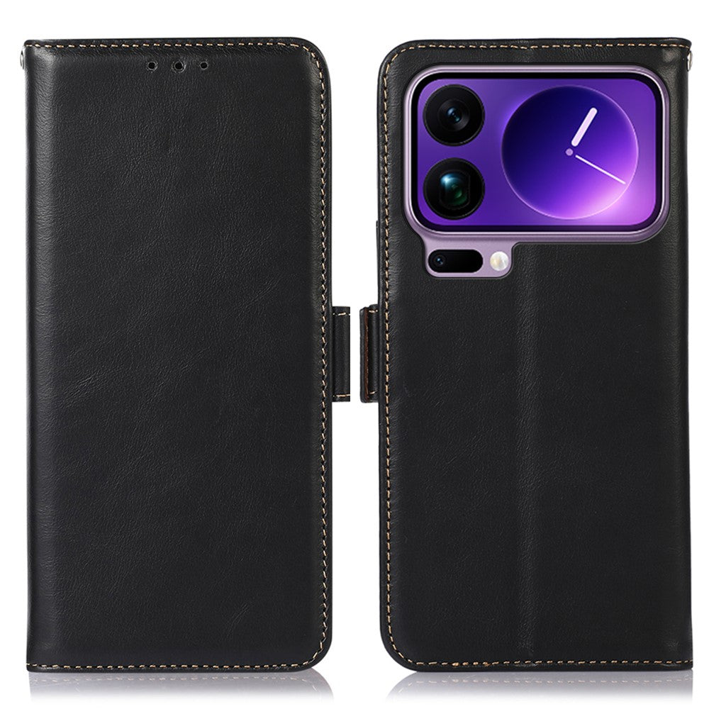 For Xiaomi 17 Pro Max Case RFID Blocking Genuine Cow Leather Wallet Phone Cover - Black