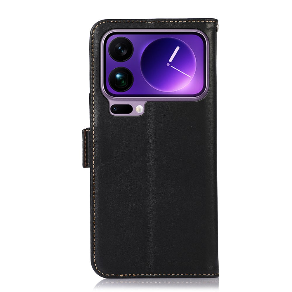 For Xiaomi 17 Pro Max Case RFID Blocking Genuine Cow Leather Wallet Phone Cover - Black