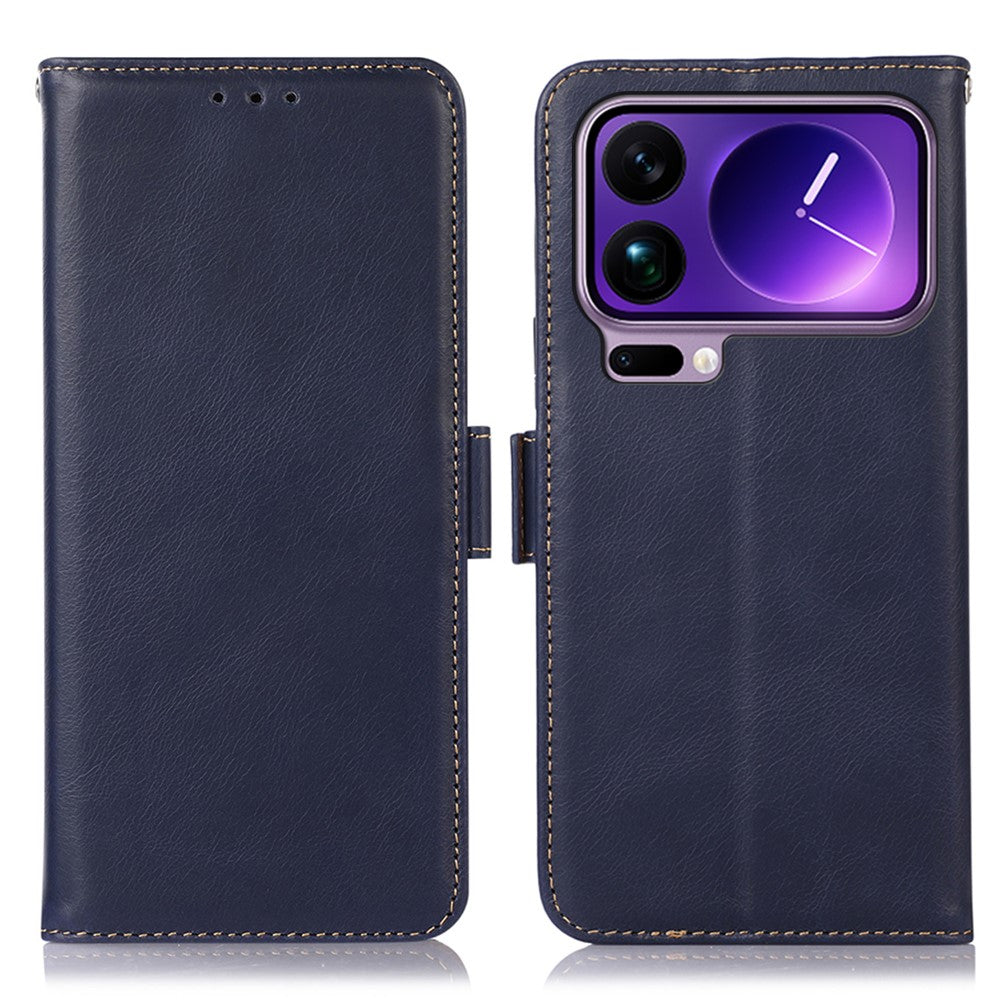 For Xiaomi 17 Pro Max Case RFID Blocking Genuine Cow Leather Wallet Phone Cover - Blue