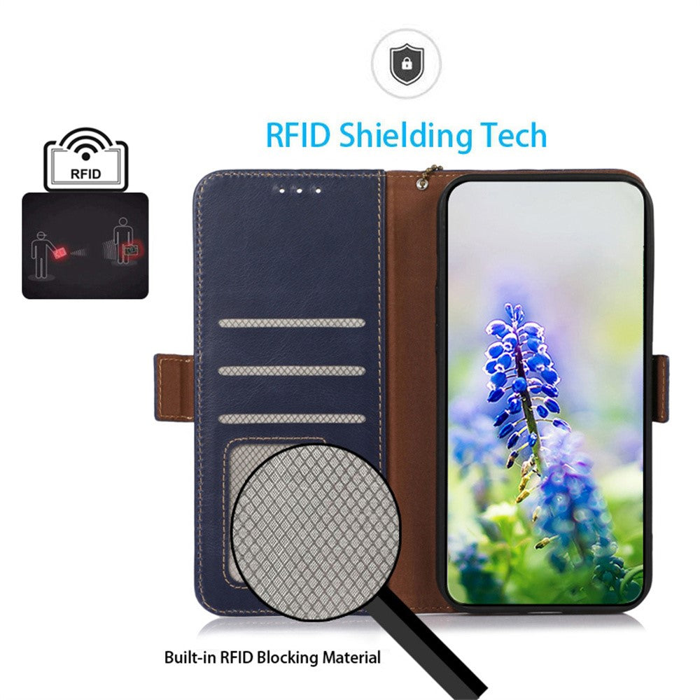 For Xiaomi 17 Pro Max Case RFID Blocking Genuine Cow Leather Wallet Phone Cover - Blue