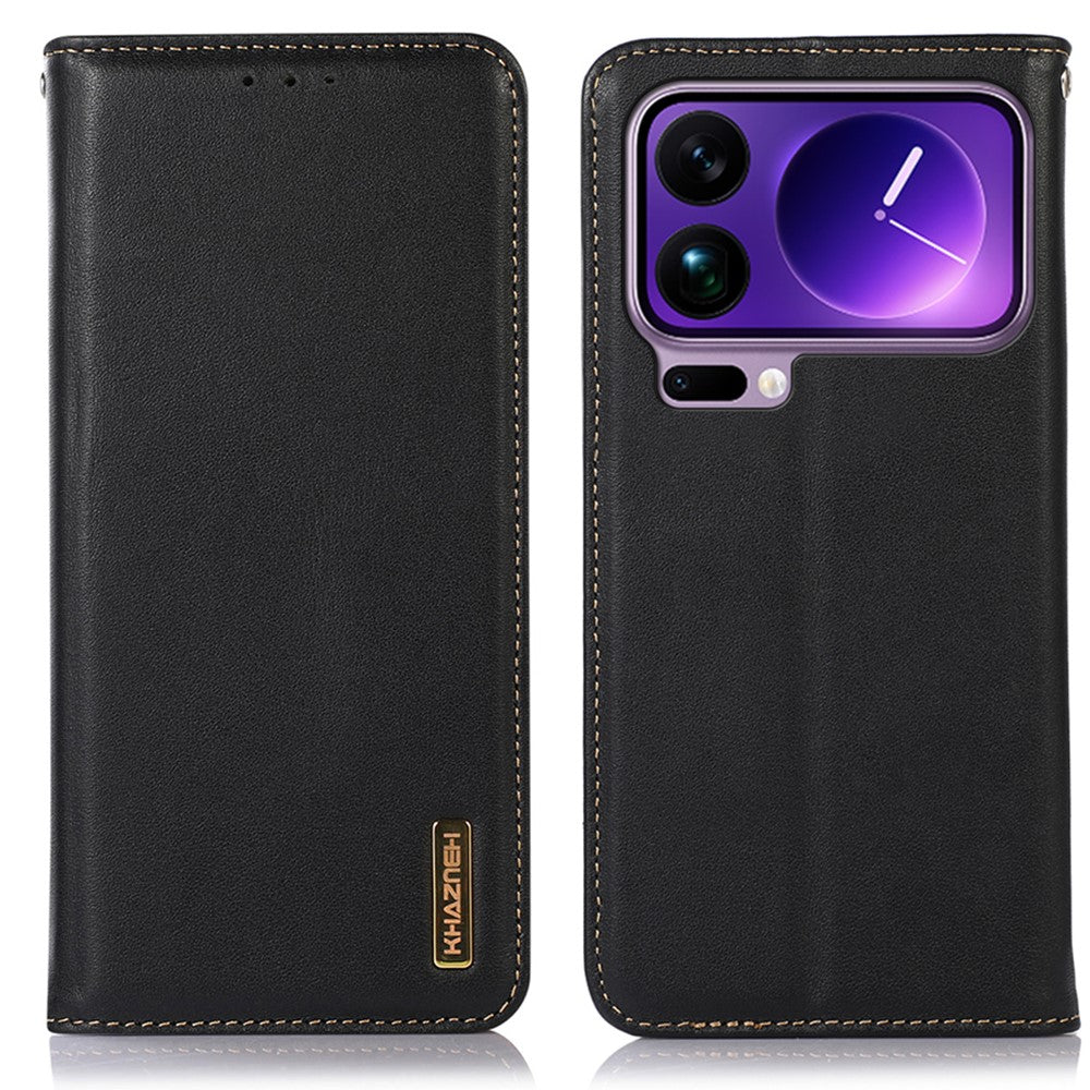 KHAZNEH For Xiaomi 17 Pro Max Case Wallet Genuine Cow Leather Phone Cover Nappa Texture - Black
