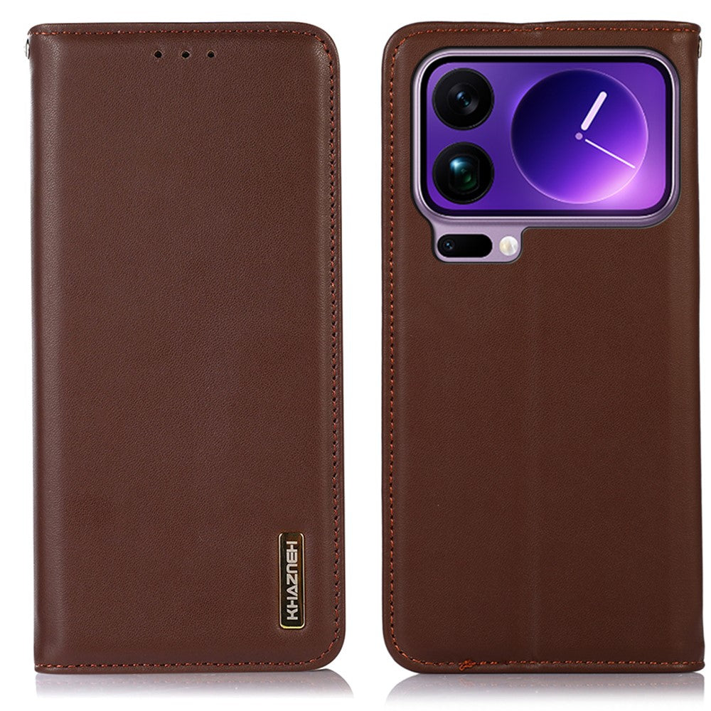KHAZNEH For Xiaomi 17 Pro Max Case Wallet Genuine Cow Leather Phone Cover Nappa Texture - Brown