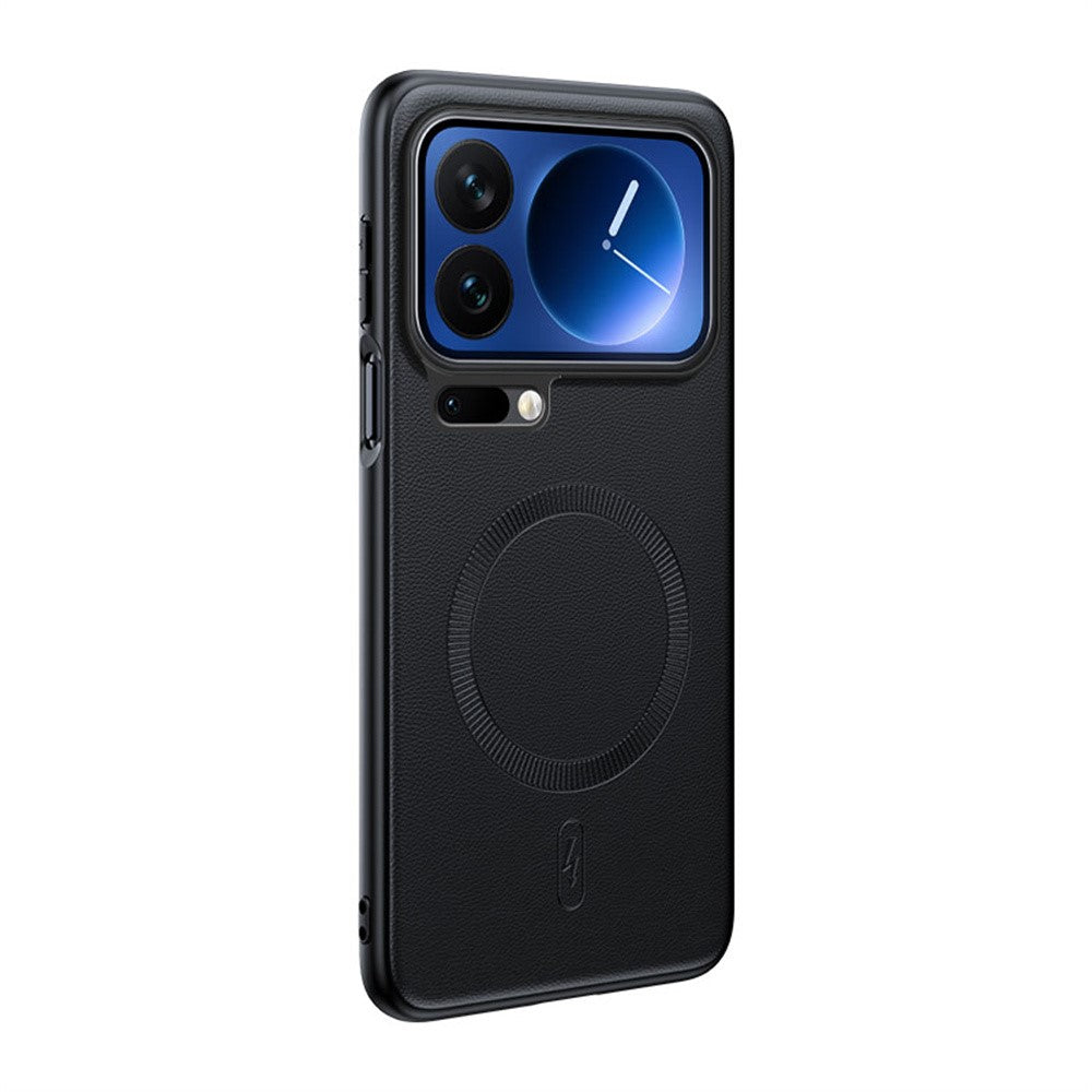 For Xiaomi 17 Pro Max Magnetic Case Leather Coated TPU + PC Phone Cover - Black