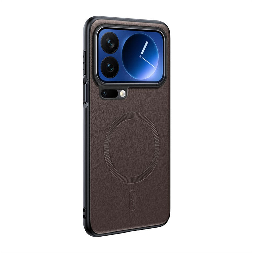 For Xiaomi 17 Pro Max Magnetic Case Leather Coated TPU + PC Phone Cover - Brown