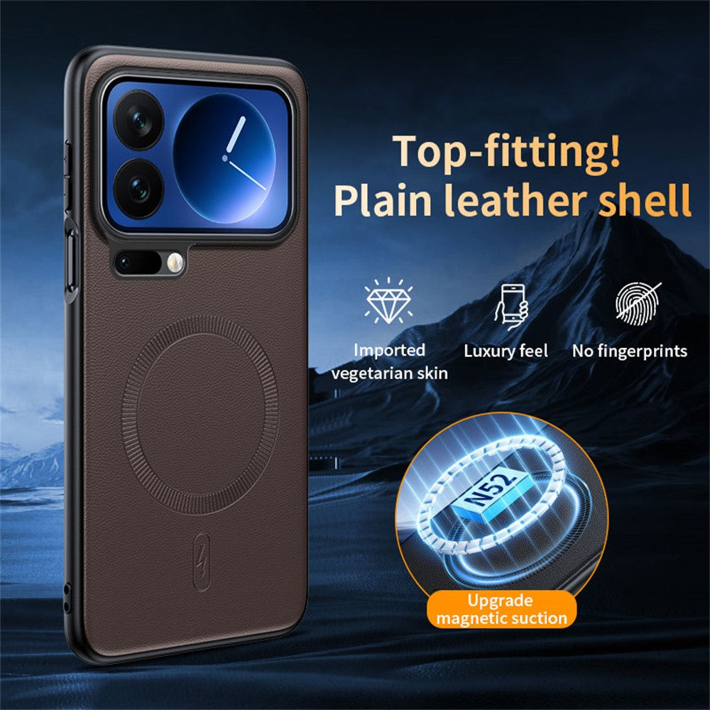 For Xiaomi 17 Pro Max Magnetic Case Leather Coated TPU + PC Phone Cover - Brown