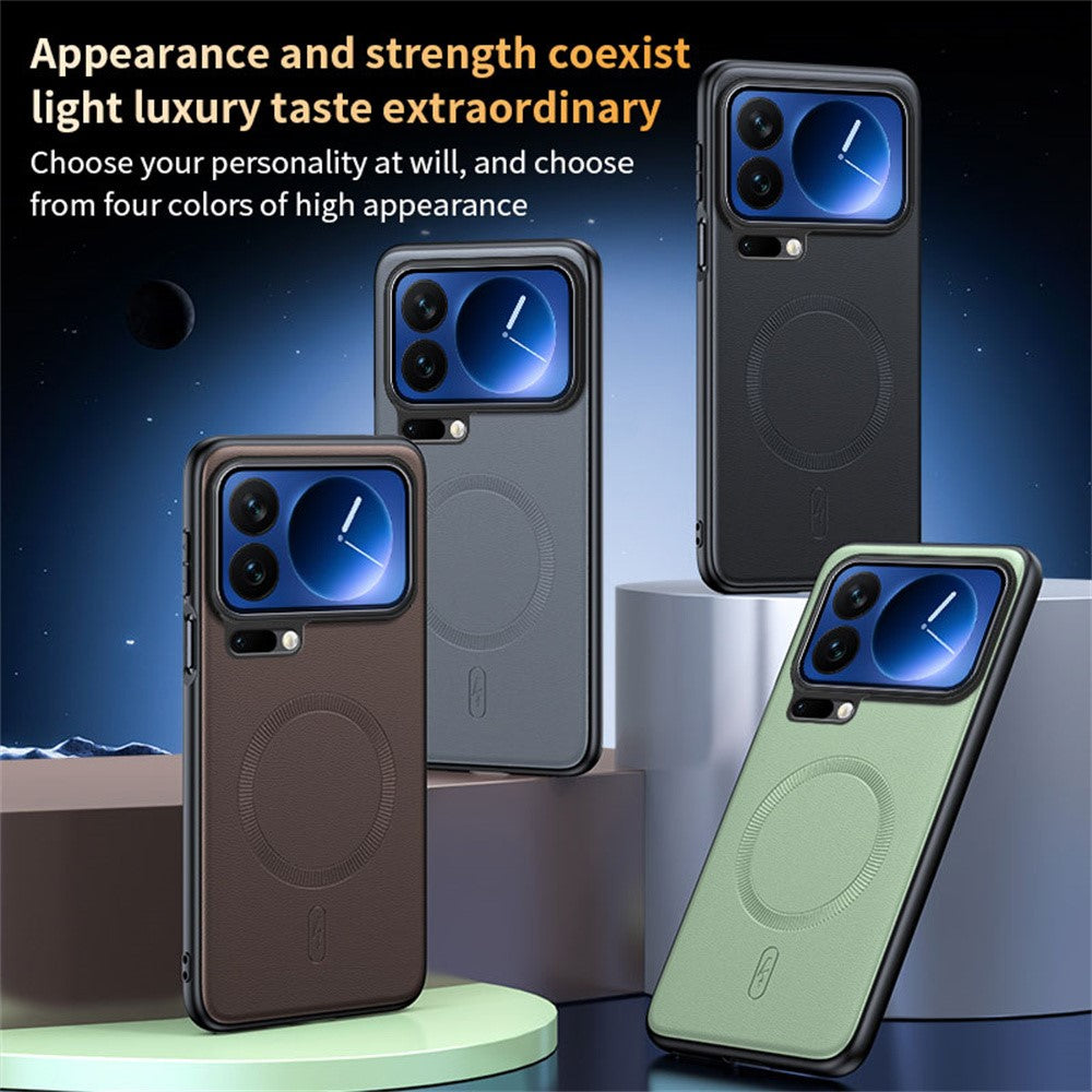 For Xiaomi 17 Pro Max Magnetic Case Leather Coated TPU + PC Phone Cover - Green