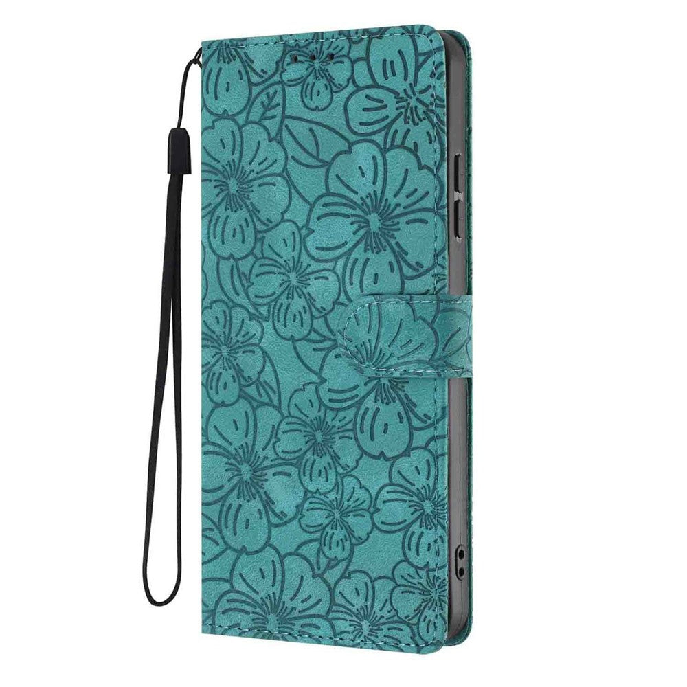 For Xiaomi 17 Pro Max Flip Case Cherry Blossom Pattern Leather Wallet Stand Phone Cover with Wrist Strap - Green