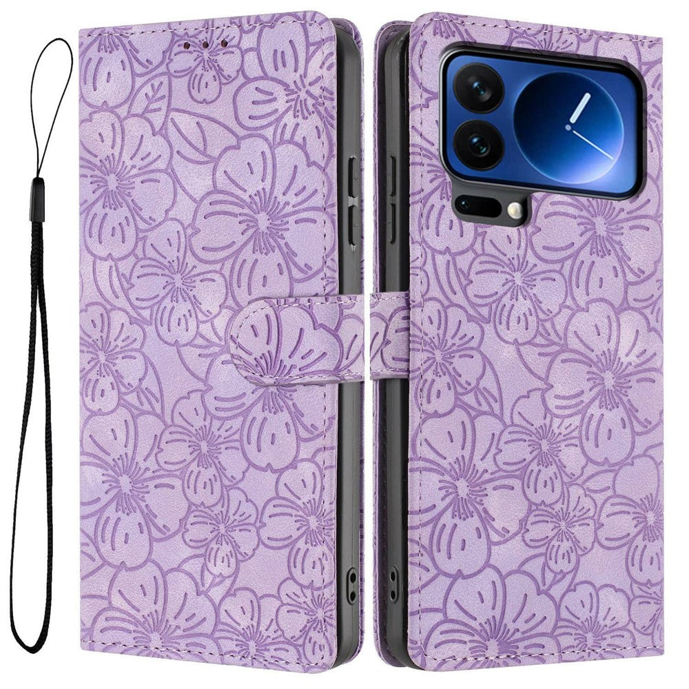 For Xiaomi 17 Pro Max Flip Case Cherry Blossom Pattern Leather Wallet Stand Phone Cover with Wrist Strap - Purple