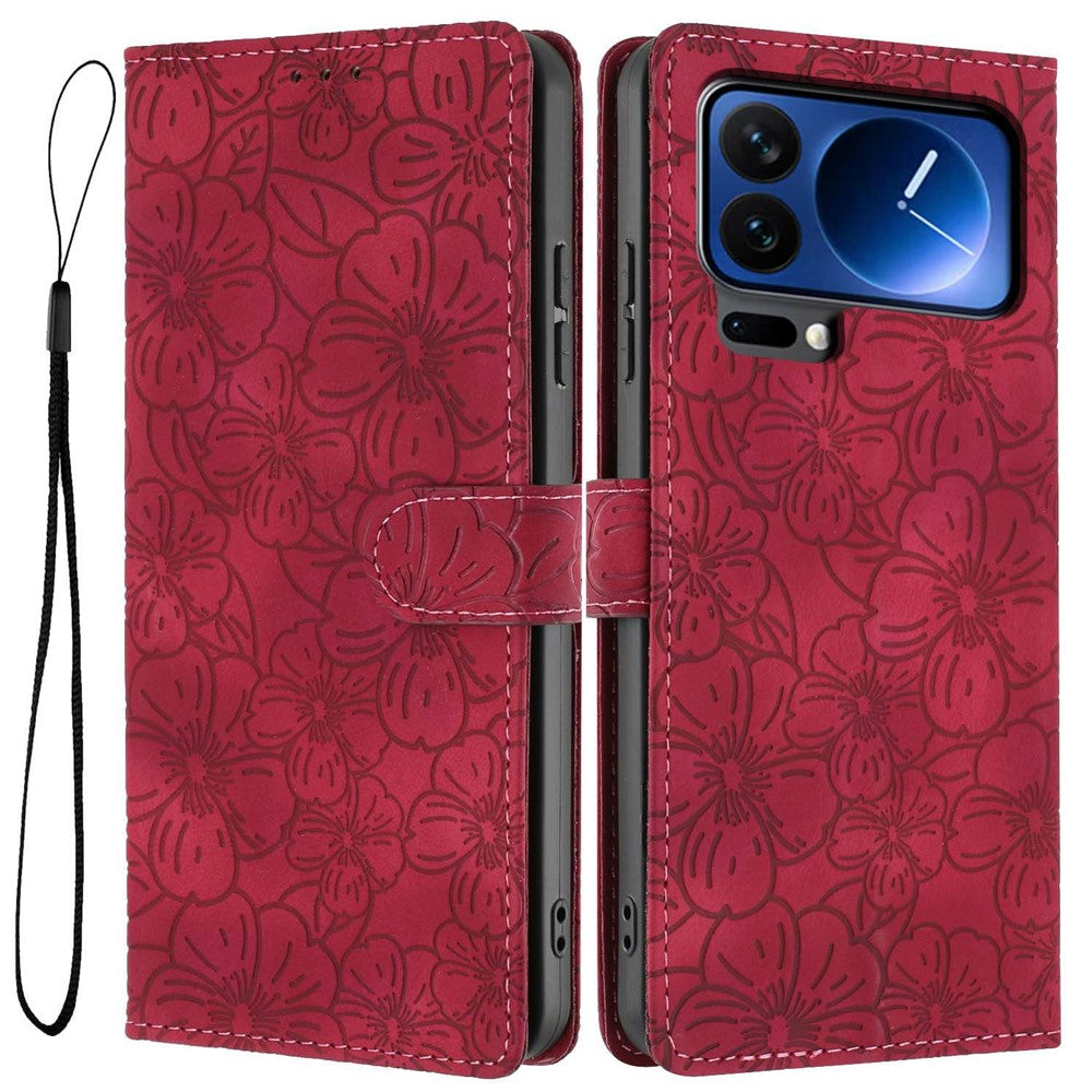 For Xiaomi 17 Pro Max Flip Case Cherry Blossom Pattern Leather Wallet Stand Phone Cover with Wrist Strap - Wine Red