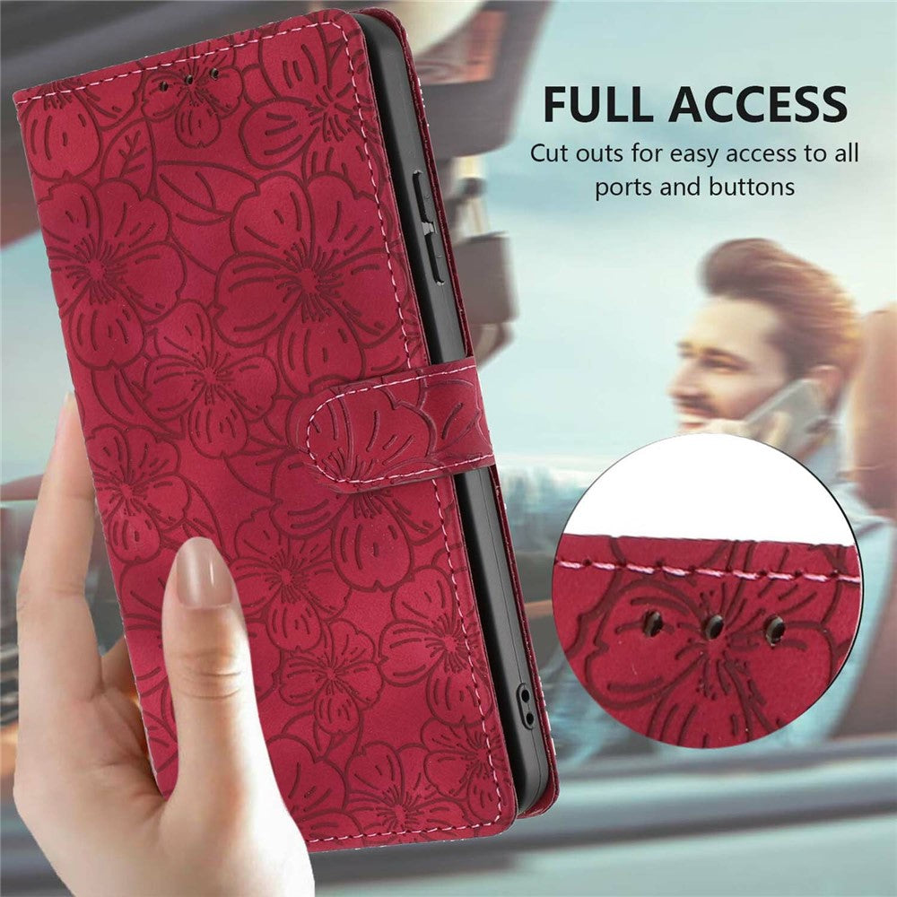 For Xiaomi 17 Pro Max Flip Case Cherry Blossom Pattern Leather Wallet Stand Phone Cover with Wrist Strap - Wine Red