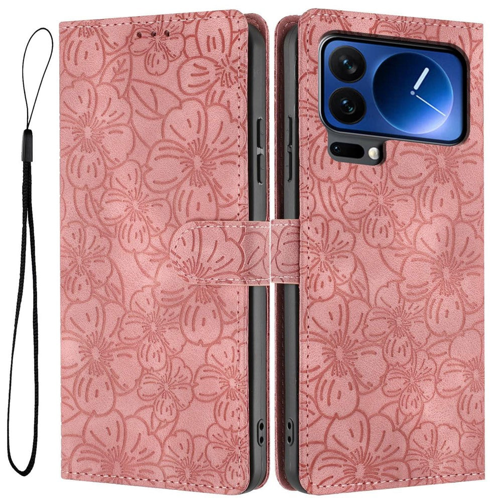 For Xiaomi 17 Pro Max Flip Case Cherry Blossom Pattern Leather Wallet Stand Phone Cover with Wrist Strap - Pink