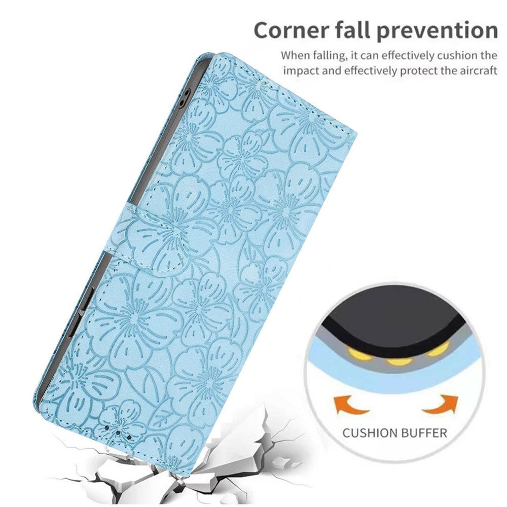 For Xiaomi 17 Pro Max Flip Case Cherry Blossom Pattern Leather Wallet Stand Phone Cover with Wrist Strap - Sky Blue