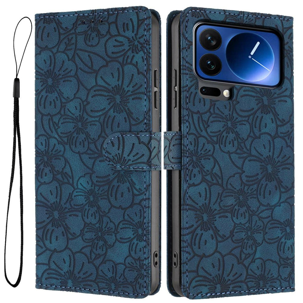 For Xiaomi 17 Pro Max Flip Case Cherry Blossom Pattern Leather Wallet Stand Phone Cover with Wrist Strap - Blue