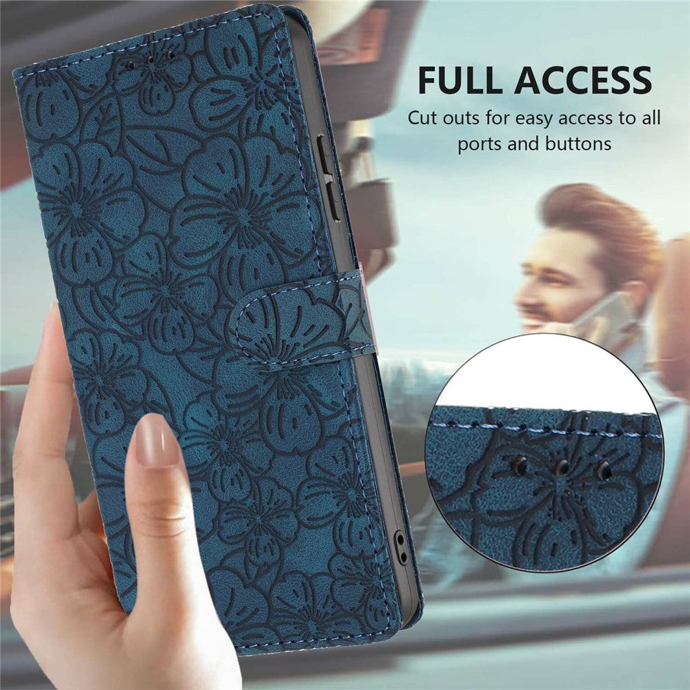 For Xiaomi 17 Pro Max Flip Case Cherry Blossom Pattern Leather Wallet Stand Phone Cover with Wrist Strap - Blue