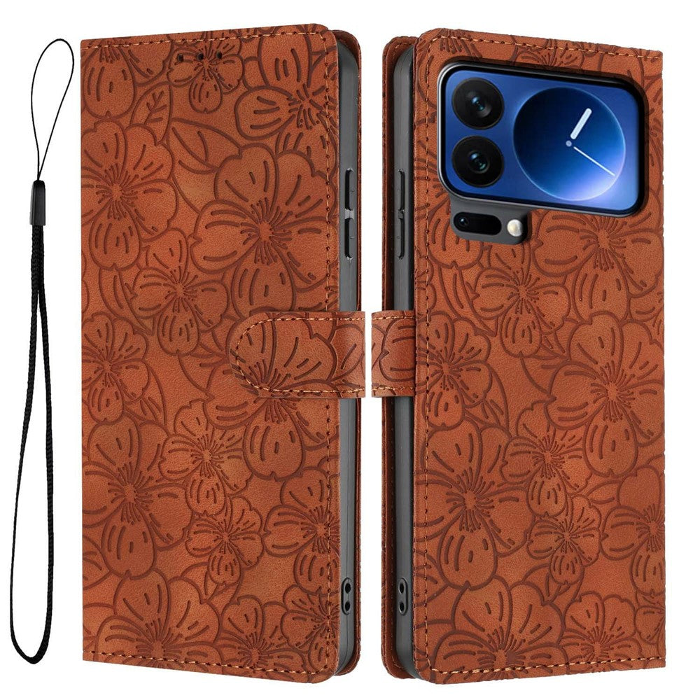 For Xiaomi 17 Pro Max Flip Case Cherry Blossom Pattern Leather Wallet Stand Phone Cover with Wrist Strap - Brown