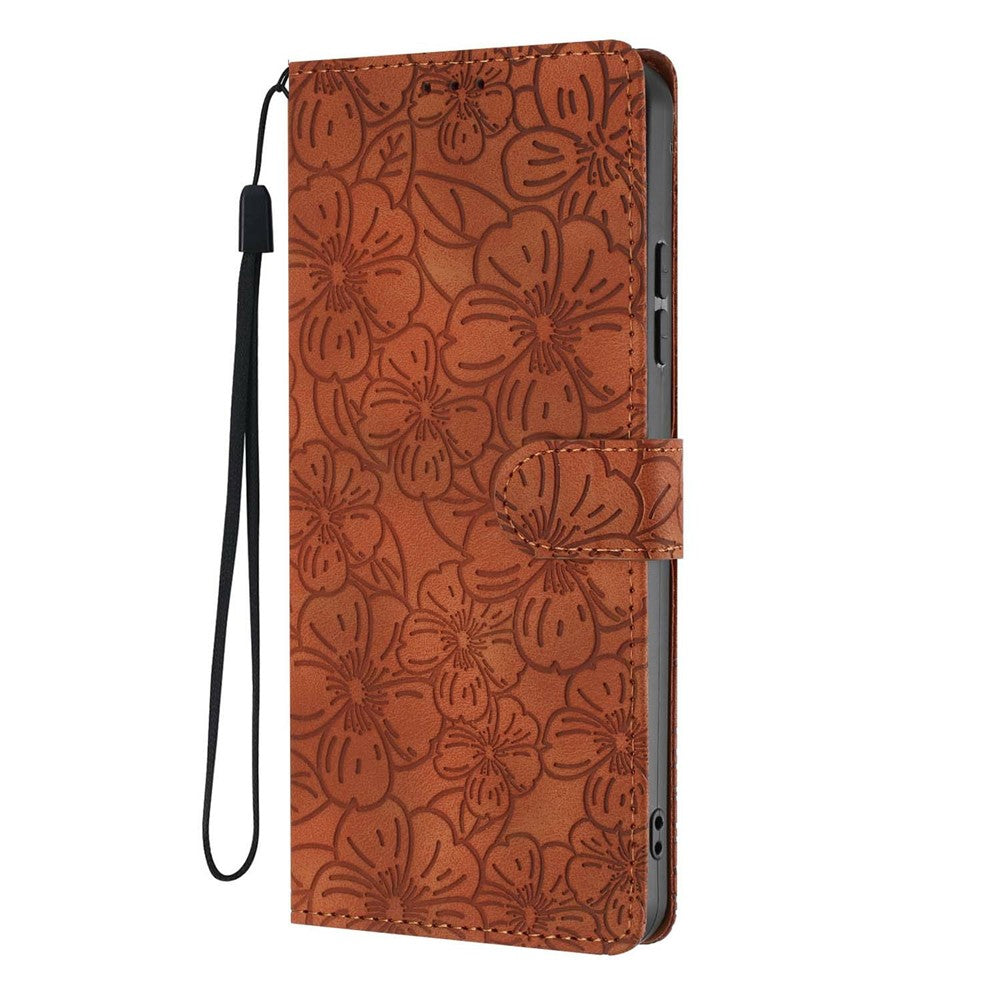 For Xiaomi 17 Pro Max Flip Case Cherry Blossom Pattern Leather Wallet Stand Phone Cover with Wrist Strap - Brown