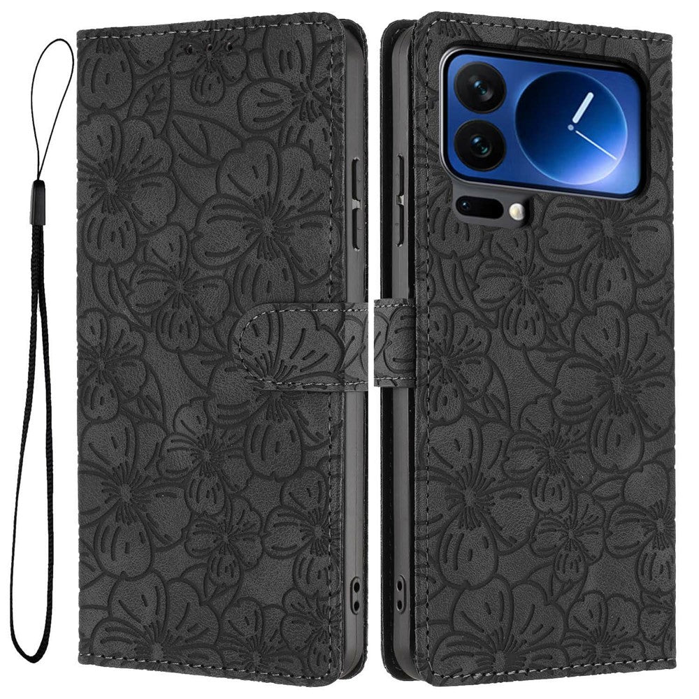 For Xiaomi 17 Pro Max Flip Case Cherry Blossom Pattern Leather Wallet Stand Phone Cover with Wrist Strap - Black