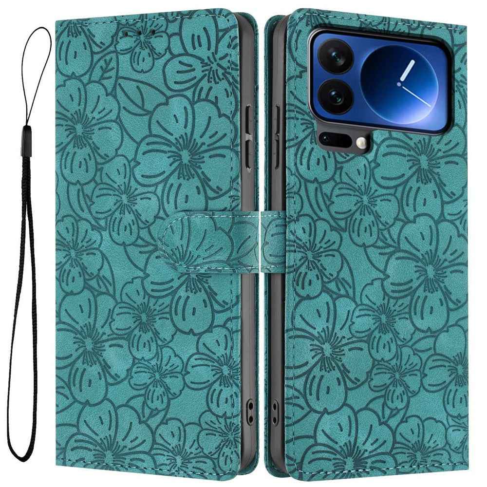 For Xiaomi 17 Pro Flip Case Cherry Blossom Pattern Leather Wallet Stand Phone Cover with Wrist Strap - Green