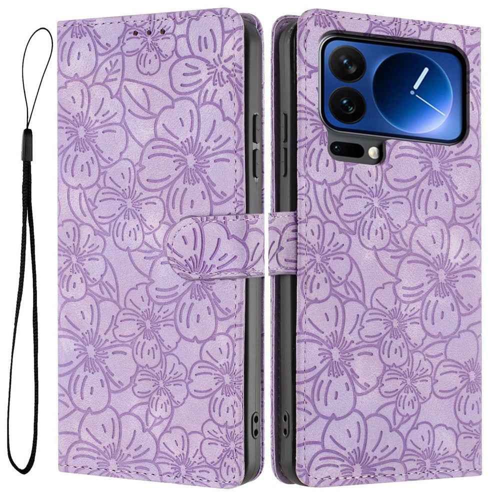 For Xiaomi 17 Pro Flip Case Cherry Blossom Pattern Leather Wallet Stand Phone Cover with Wrist Strap - Purple