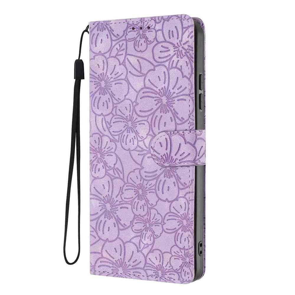 For Xiaomi 17 Pro Flip Case Cherry Blossom Pattern Leather Wallet Stand Phone Cover with Wrist Strap - Purple