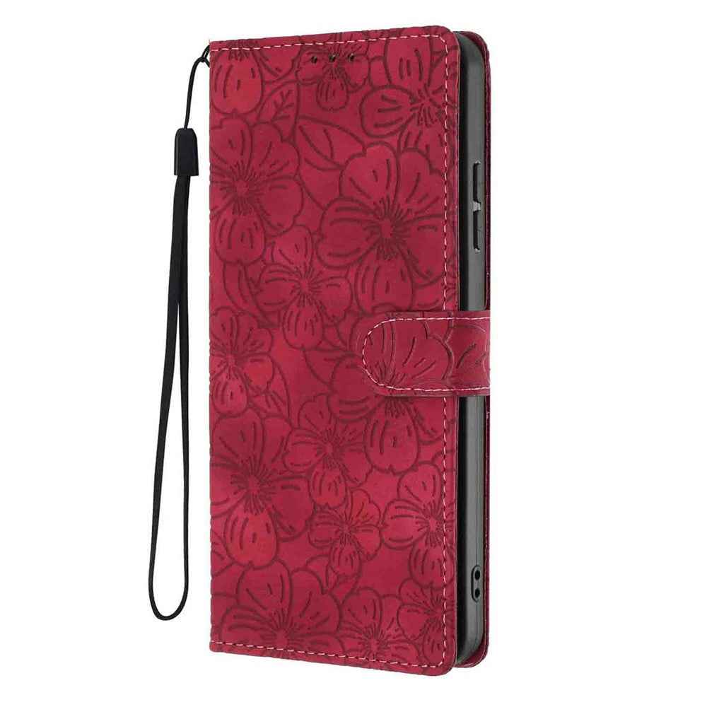 For Xiaomi 17 Pro Flip Case Cherry Blossom Pattern Leather Wallet Stand Phone Cover with Wrist Strap - Wine Red