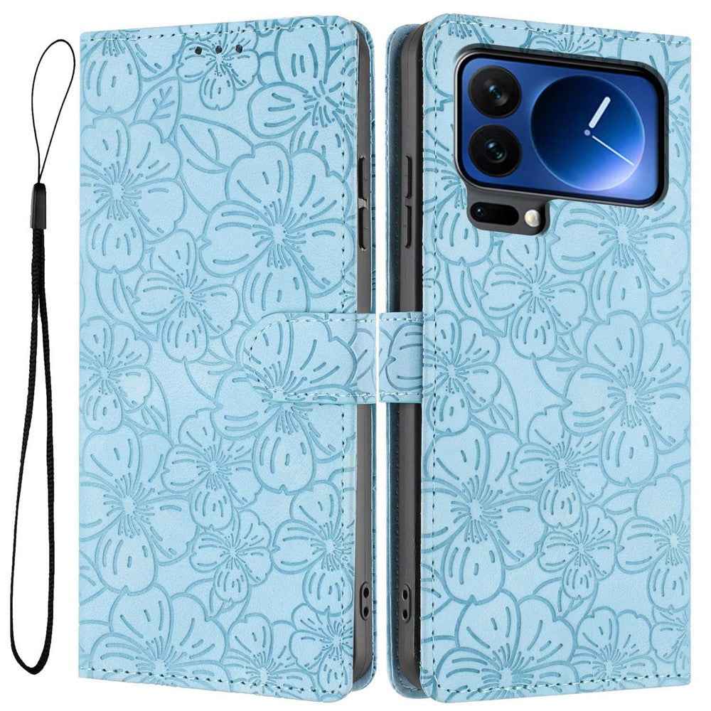 For Xiaomi 17 Pro Flip Case Cherry Blossom Pattern Leather Wallet Stand Phone Cover with Wrist Strap - Sky Blue