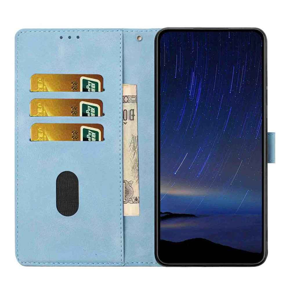 For Xiaomi 17 Pro Flip Case Cherry Blossom Pattern Leather Wallet Stand Phone Cover with Wrist Strap - Sky Blue
