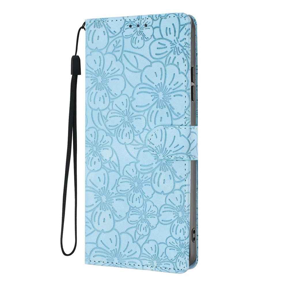 For Xiaomi 17 Pro Flip Case Cherry Blossom Pattern Leather Wallet Stand Phone Cover with Wrist Strap - Sky Blue