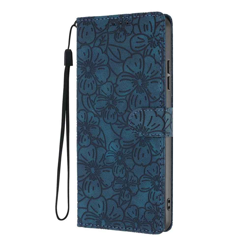 For Xiaomi 17 Pro Flip Case Cherry Blossom Pattern Leather Wallet Stand Phone Cover with Wrist Strap - Blue