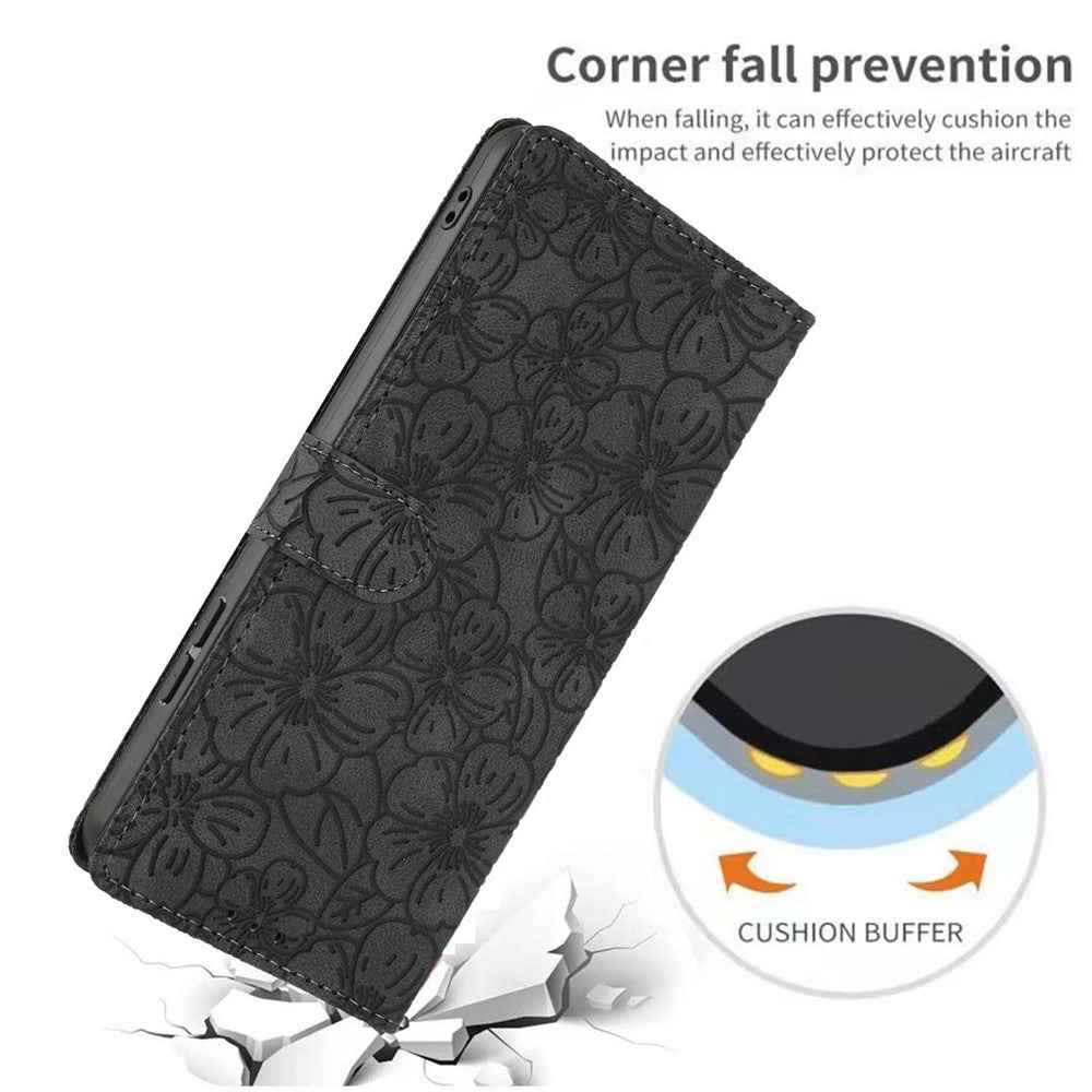 For Xiaomi 17 Pro Flip Case Cherry Blossom Pattern Leather Wallet Stand Phone Cover with Wrist Strap - Black