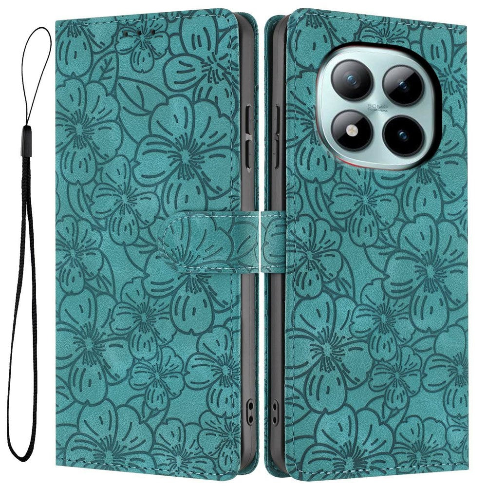For Xiaomi Poco M8 Pro 5G / Redmi Note 15 Pro+ 5G (Global) Flip Case Cherry Blossom Pattern Leather Wallet Stand Phone Cover with Wrist Strap - Green