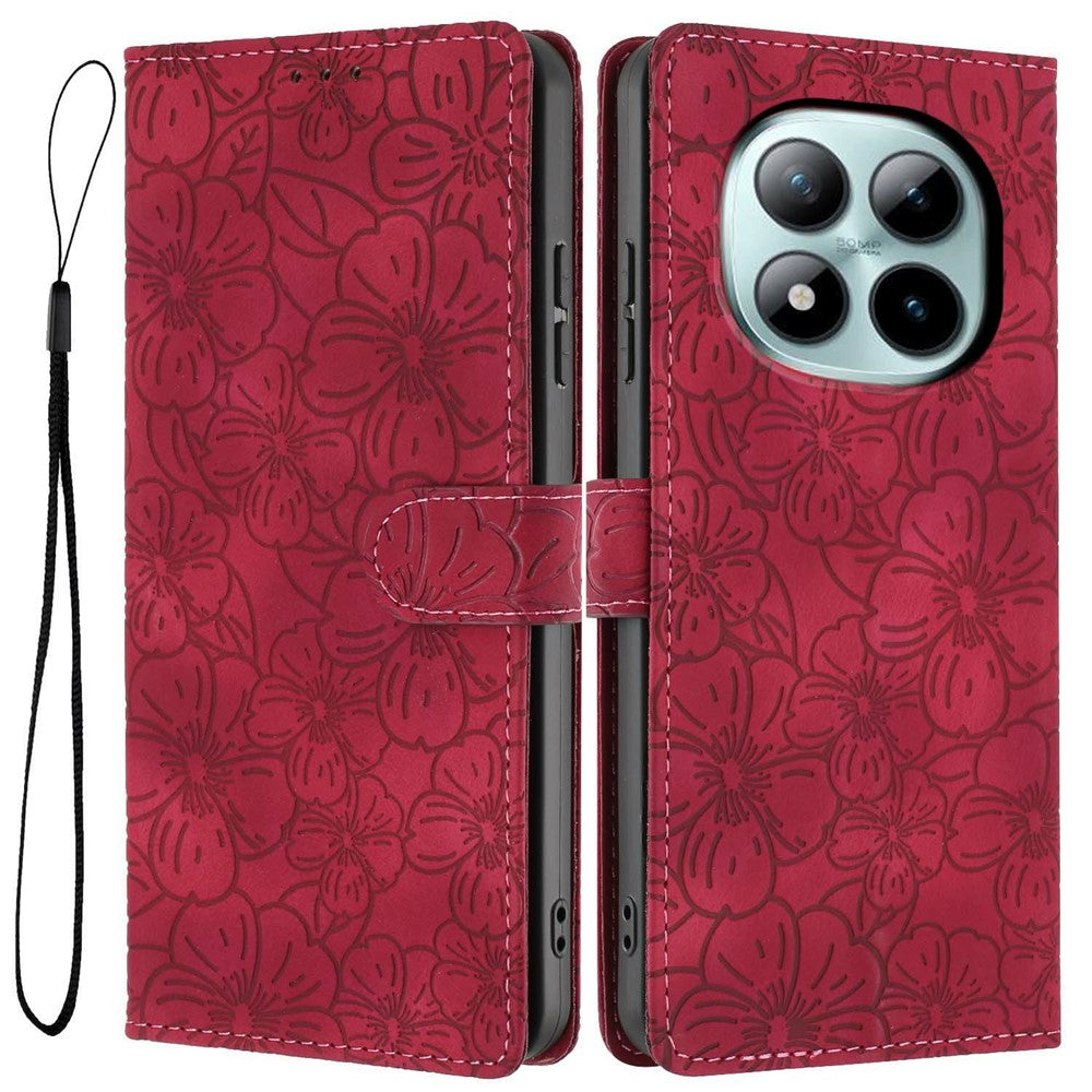 For Xiaomi Poco M8 Pro 5G / Redmi Note 15 Pro+ 5G (Global) Flip Case Cherry Blossom Pattern Leather Wallet Stand Phone Cover with Wrist Strap - Wine Red