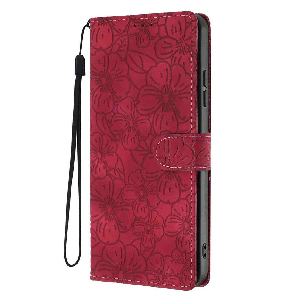 For Xiaomi Poco M8 Pro 5G / Redmi Note 15 Pro+ 5G (Global) Flip Case Cherry Blossom Pattern Leather Wallet Stand Phone Cover with Wrist Strap - Wine Red