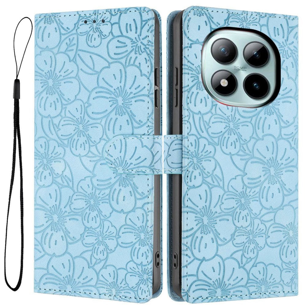 For Xiaomi Poco M8 Pro 5G / Redmi Note 15 Pro+ 5G (Global) Flip Case Cherry Blossom Pattern Leather Wallet Stand Phone Cover with Wrist Strap - Sky Blue