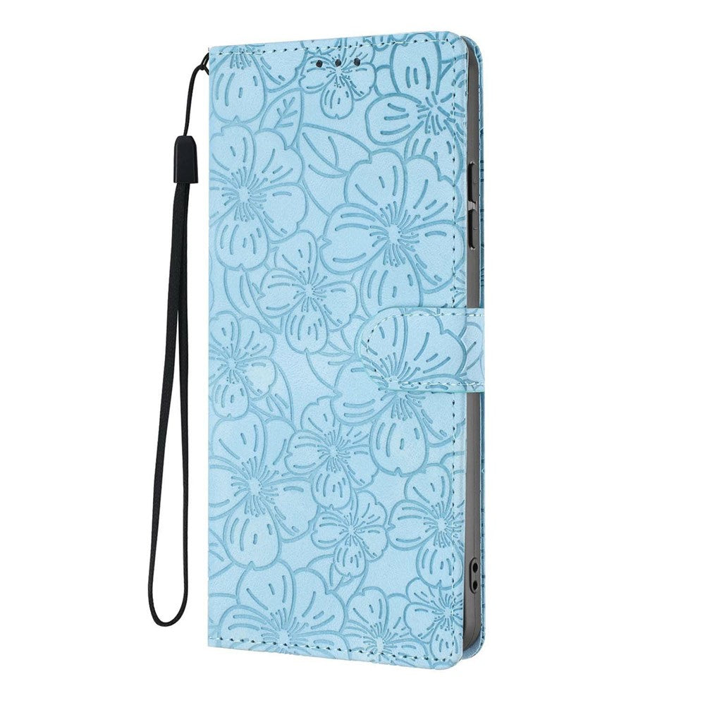 For Xiaomi Poco M8 Pro 5G / Redmi Note 15 Pro+ 5G (Global) Flip Case Cherry Blossom Pattern Leather Wallet Stand Phone Cover with Wrist Strap - Sky Blue