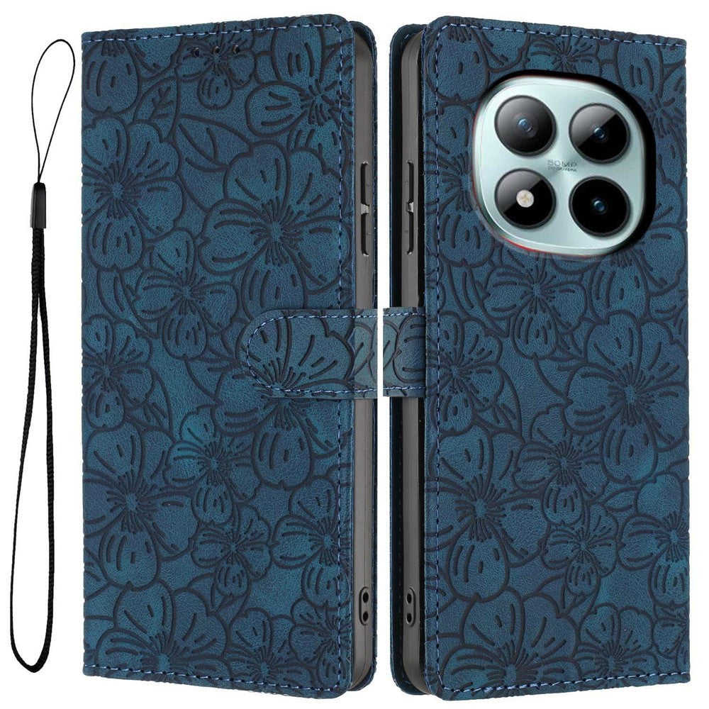 For Xiaomi Poco M8 Pro 5G / Redmi Note 15 Pro+ 5G (Global) Flip Case Cherry Blossom Pattern Leather Wallet Stand Phone Cover with Wrist Strap - Blue