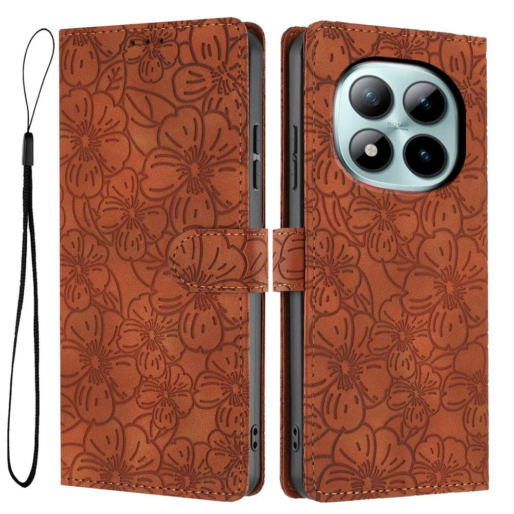 For Xiaomi Poco M8 Pro 5G / Redmi Note 15 Pro+ 5G (Global) Flip Case Cherry Blossom Pattern Leather Wallet Stand Phone Cover with Wrist Strap - Brown