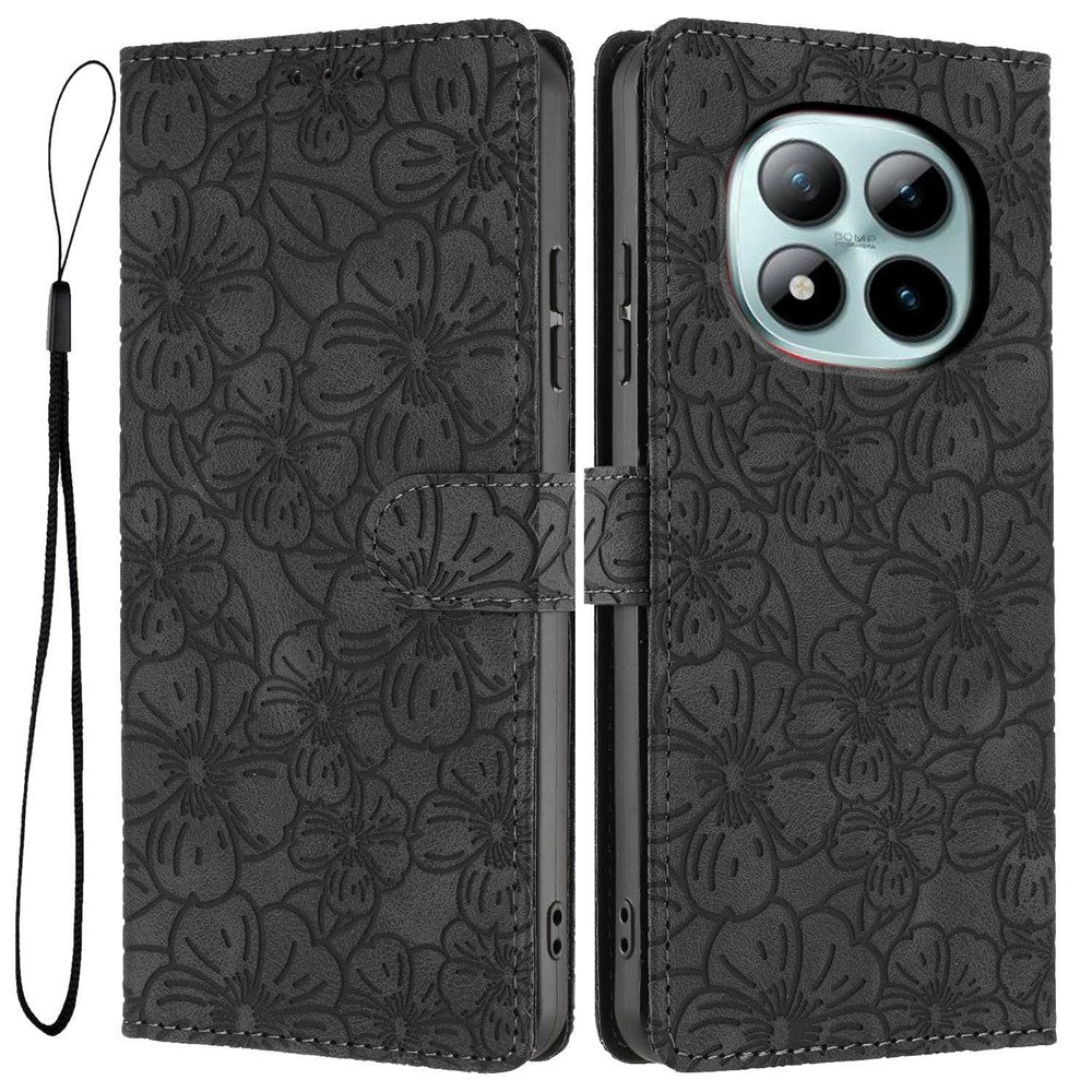 For Xiaomi Poco M8 Pro 5G / Redmi Note 15 Pro+ 5G (Global) Flip Case Cherry Blossom Pattern Leather Wallet Stand Phone Cover with Wrist Strap - Black