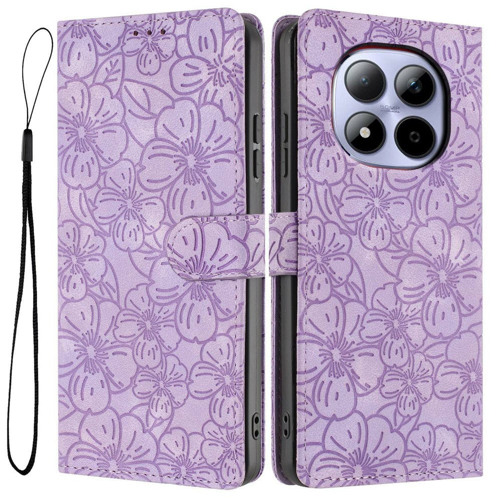 For Xiaomi Redmi Note 15 Pro 5G (Global) Flip Case Cherry Blossom Pattern Leather Wallet Stand Phone Cover with Wrist Strap - Purple