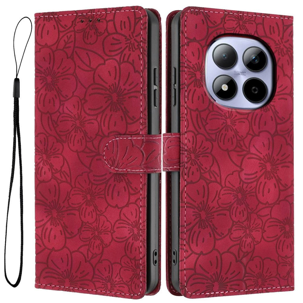 For Xiaomi Redmi Note 15 Pro 5G (Global) Flip Case Cherry Blossom Pattern Leather Wallet Stand Phone Cover with Wrist Strap - Wine Red