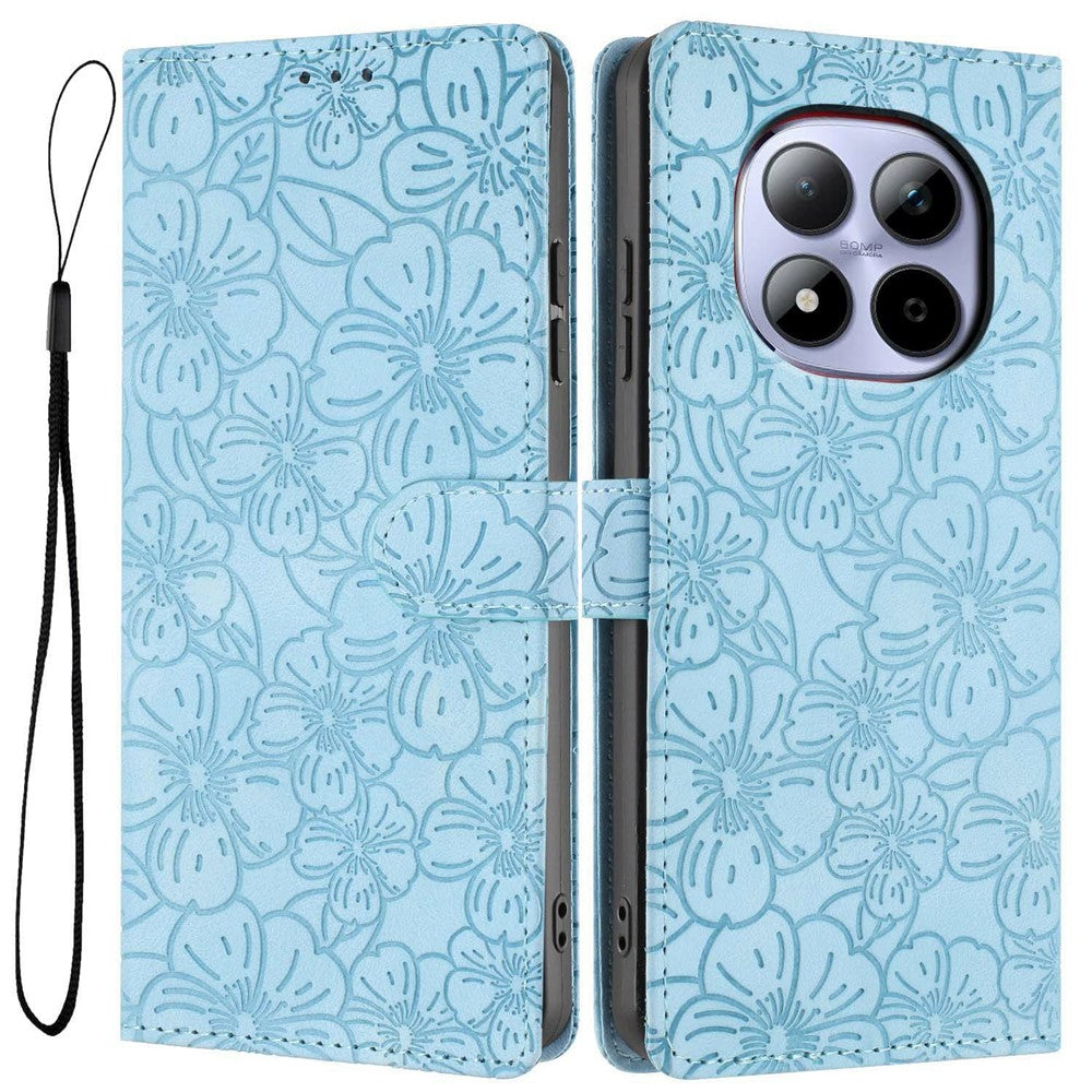 For Xiaomi Redmi Note 15 Pro 5G (Global) Flip Case Cherry Blossom Pattern Leather Wallet Stand Phone Cover with Wrist Strap - Sky Blue